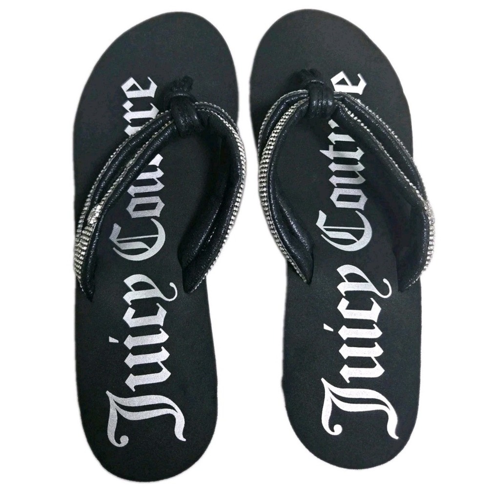 Juicy Couture JC-UNWIND Black Rhinestone Platform Wedge Flip Flops Sandals 9